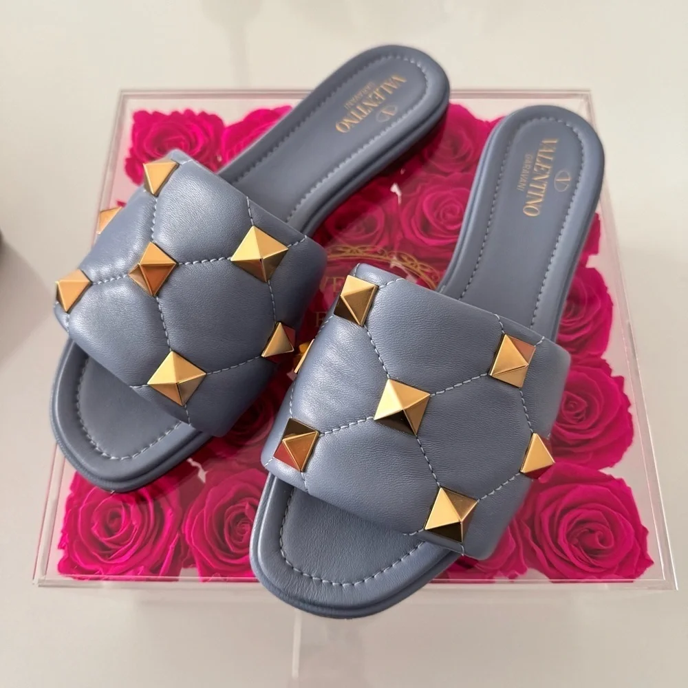 Valentino Roman Stud Flat Slide Sandal In Quilted Nappa Slipper size 38 /8 - Picture 6 of 14